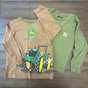 Kids John Deere Carhartt Long Sleeve Shirt Lot 2 Size 7 Brown Green Graphic Tee